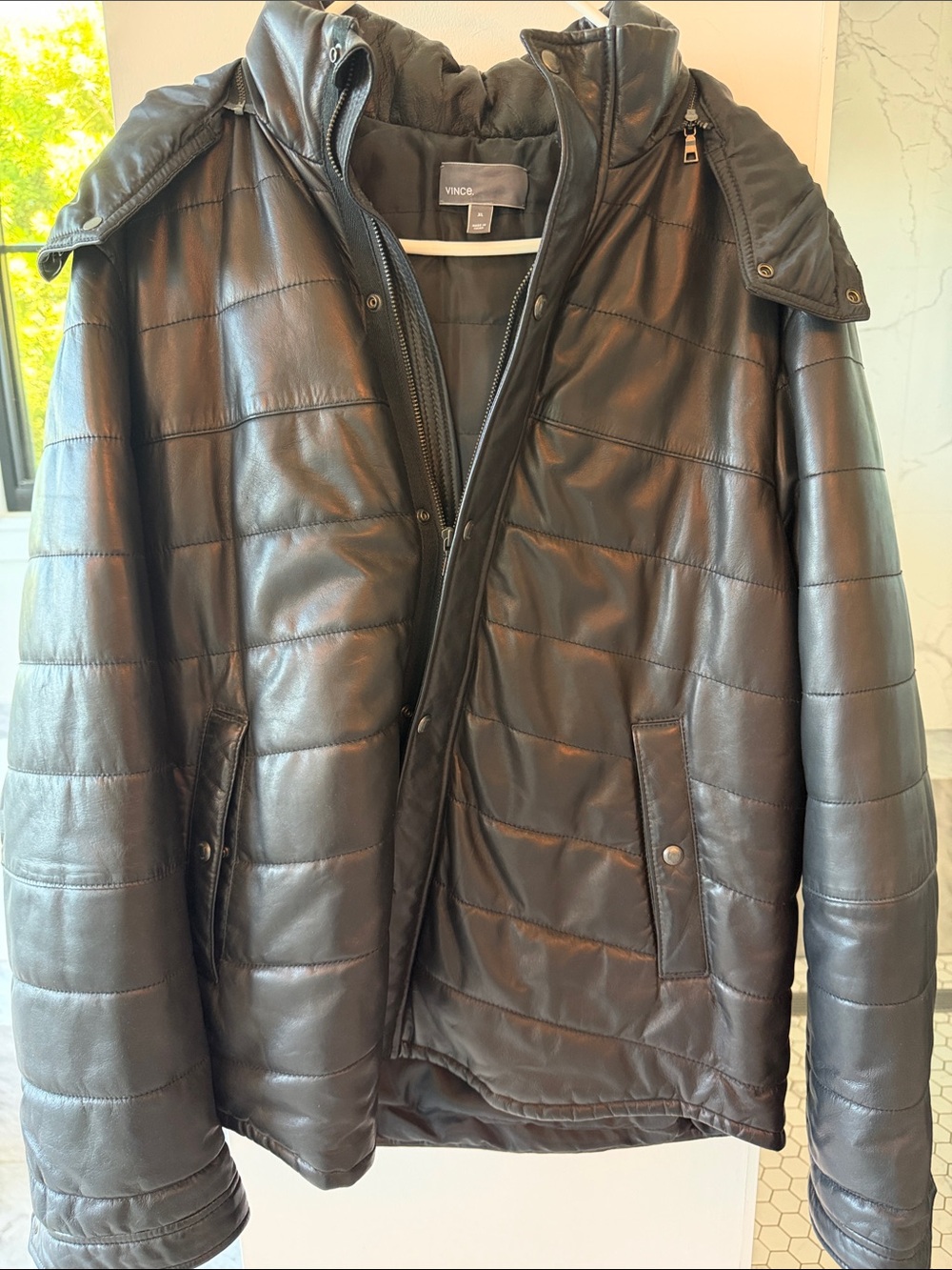 Vince Black Quilted Lamb Leather Puffer Jacket XL with detachable hood